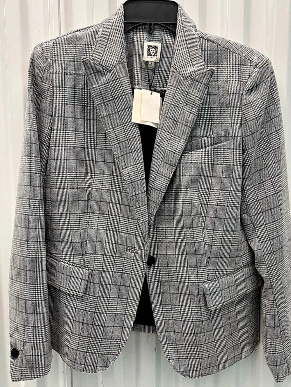 Anne Klein Sequin Plaid Jacket Gray & Black Size 8